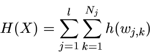 \begin{displaymath}
H(X) = \sum_{j=1}^{l} \sum_{k=1}^{N_j} h(w_{j,k})
\end{displaymath}
