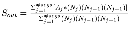 $S_{out} = \frac{\Sigma_{j=1}^{\char93 segs}
[A_{j} * (N_{j})(N_{j-1})(N_{j+1})]}{\Sigma_{j=1}^{\char93 segs}
(N_{j})(N_{j-1})(N_{j+1})}$